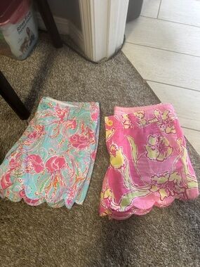 2 pair of Lilly Pulitzer Pair: Pink Floral & Aqua Paisley Scalloped Mini Skirts